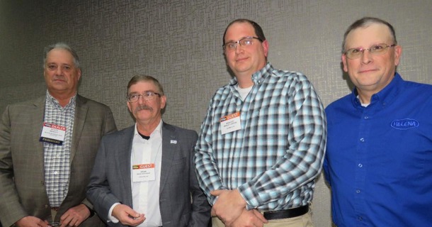 Three of the Certified Crop Advisers to receive their 25-Year Pins, pictured with (left to right) Association President Scott Merritt, Brian Springer, Brad Jareske, and Lorin Krieger